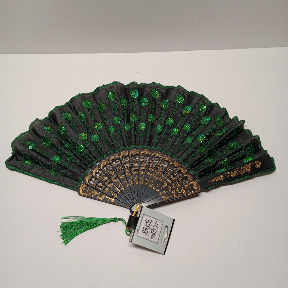 Handheld Foldable Accordion Fabric Deluxe Fan Black Gold Green Sequins